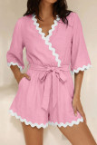V-neck Wavy Edge Waist Cinched Jumpsuit Shorts