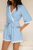 V-neck Wavy Edge Waist Cinched Jumpsuit Shorts