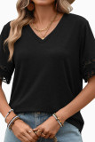 Solid Color V-neck Lace Short Sleeved Loose T-shirt