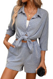 Striped Shirt High Waisted Shorts Two-piece Set