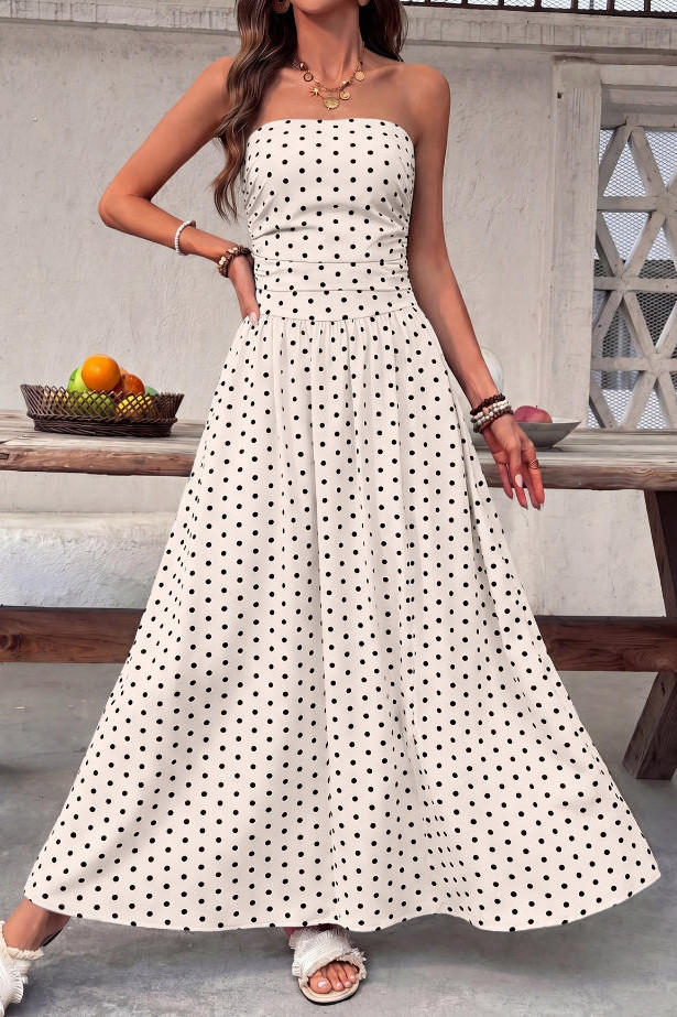 Retro Polka Dot Strapless Waist Cinching Dress