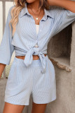 Striped Shirt High Waisted Shorts Two-piece Set