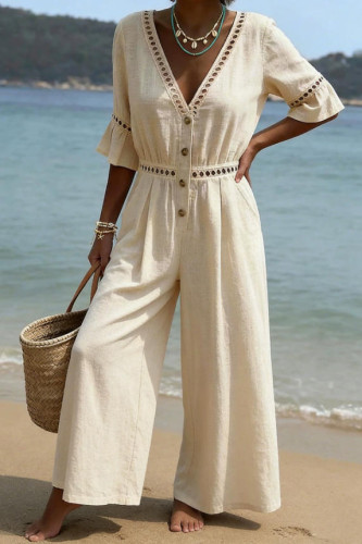 Solid Color Waist Cinched V-neck Jumpsuit