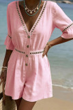 Solid Color Short Sleeved V-neck Jumpsuit Shorts