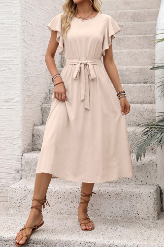 Ruffled Short Sleeved Waist Cinching Dress