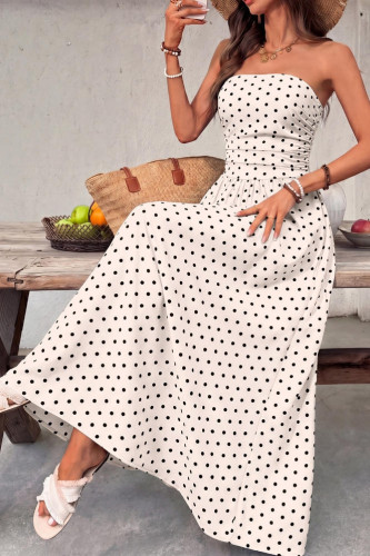 Retro Polka Dot Strapless Waist Cinching Dress