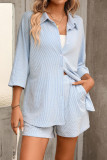 Striped Shirt High Waisted Shorts Two-piece Set