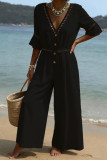 Solid Color Waist Cinched V-neck Jumpsuit