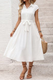 Solid Color Lapel Pleated Waist Cinching Dress