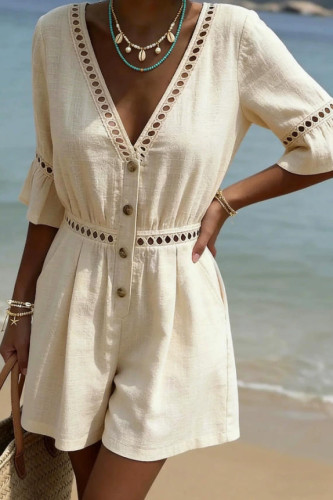 Solid Color Short Sleeved V-neck Jumpsuit Shorts
