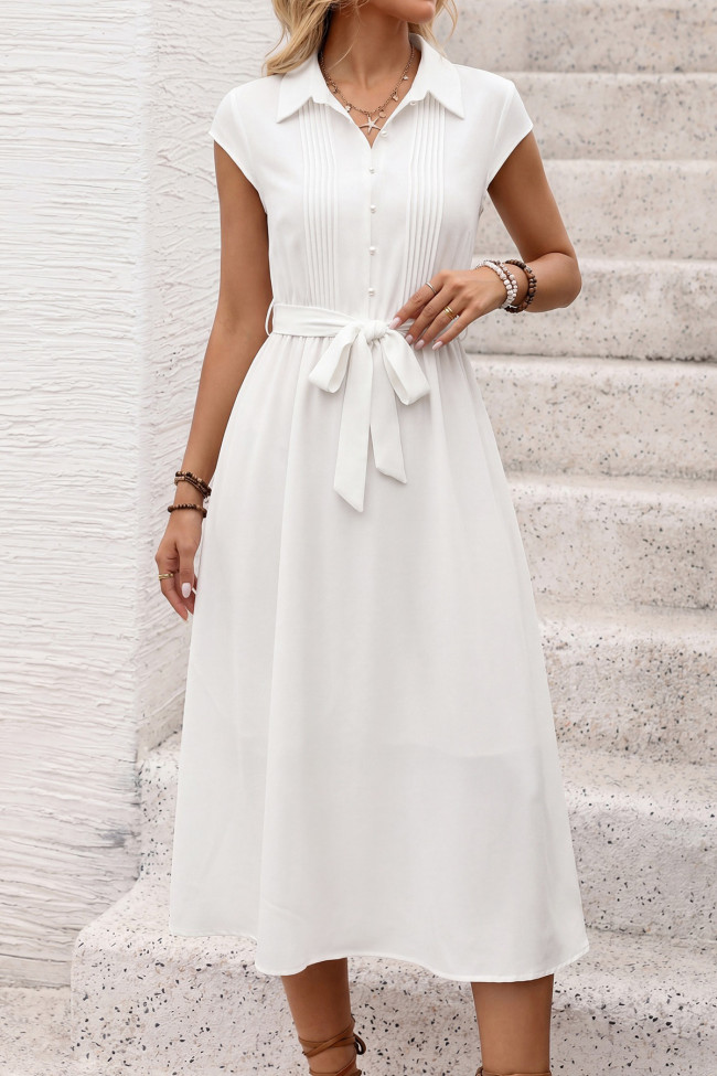 Solid Color Lapel Pleated Waist Cinching Dress