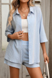 Striped Shirt High Waisted Shorts Two-piece Set