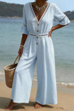 Solid Color Waist Cinched V-neck Jumpsuit