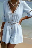 Solid Color Short Sleeved V-neck Jumpsuit Shorts
