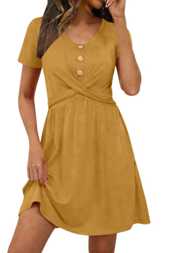 Round Neck Waist Cinched Short Sleeved Dress
