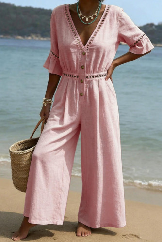 Solid Color Waist Cinched V-neck Jumpsuit