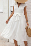 Solid Color Lapel Pleated Waist Cinching Dress