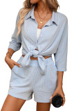 Striped Shirt High Waisted Shorts Two-piece Set