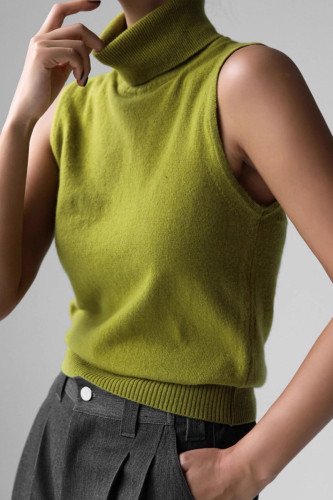 Solid Color High Neck Knitted Sleeveless Vest