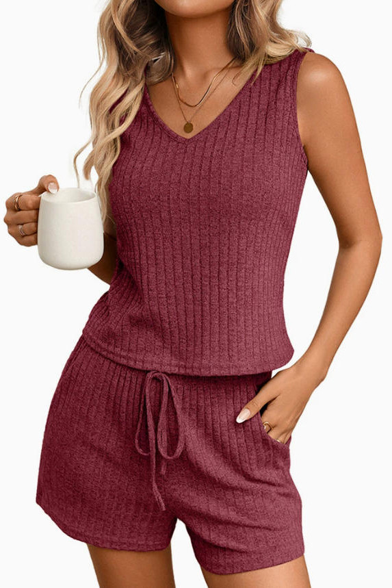 V-neck Sleeveless Vest Shorts 2-piece Set