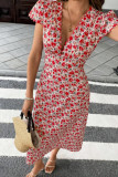 Floral Print Deep V-Neck Short Sleeved Dress