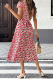 Floral Print Deep V-Neck Short Sleeved Dress