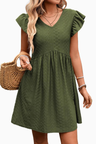 V-neck Ruffle Sleeves Slimming Short Sleeved Dress