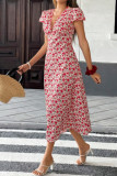 Floral Print Deep V-Neck Short Sleeved Dress