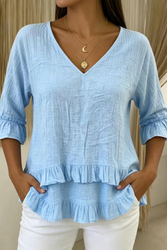 Lotus Leaf Edge V-neck Short Sleeved T-shirt