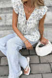 V-neck Lace Up Pleated Flying Sleeve Shirt