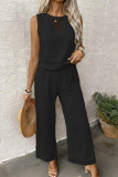 Solid Color Hollow Vest Wide Leg Pants 2-piece Set
