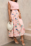 Sleeveless Solid Color Vest Printed Skirt 2-piece Set