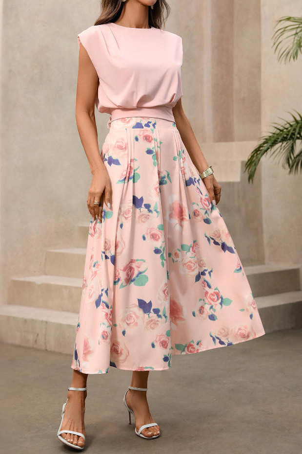 Sleeveless Solid Color Vest Printed Skirt 2-piece Set