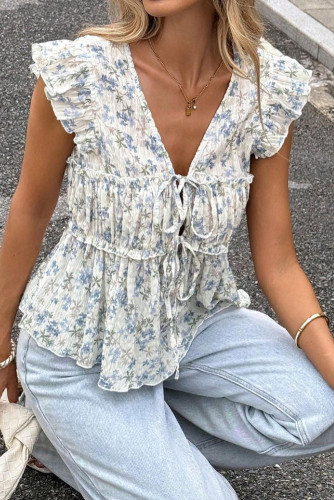 V-neck Lace Up Pleated Flying Sleeve Shirt