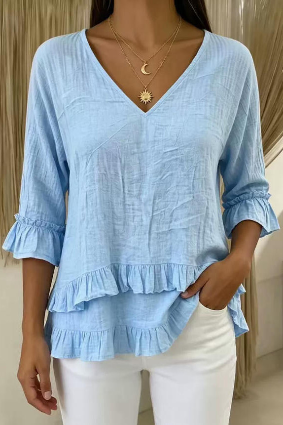 Lotus Leaf Edge V-neck Short Sleeved T-shirt