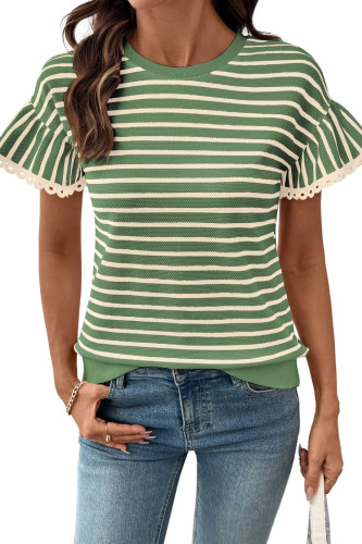 Round Neck Striped Knitted Short Sleeved T-shirt