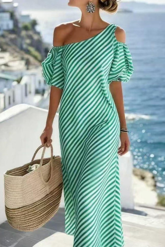 Striped Off Shoulder Short Sleeved Loose Dress