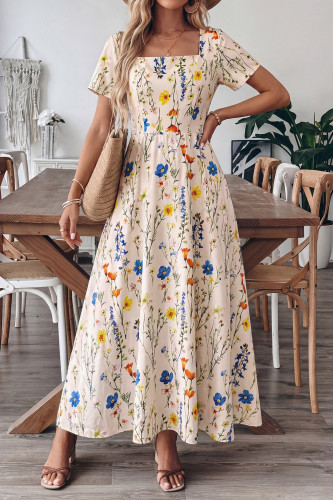 Floral Square Neck Waist Cinching Short Sleeved Dress