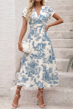 French Retro Printed V-neck Waist Cinched Dress