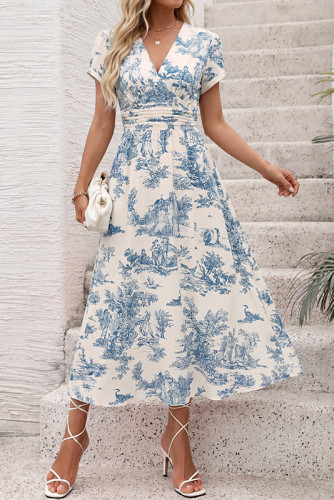 French Retro Printed V-neck Waist Cinched Dress