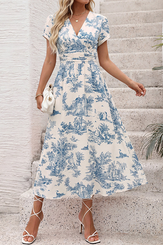French Retro Printed V-neck Waist Cinched Dress
