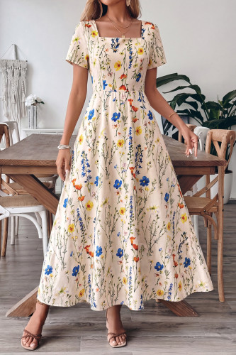 Floral Square Neck Waist Cinching Short Sleeved Dress