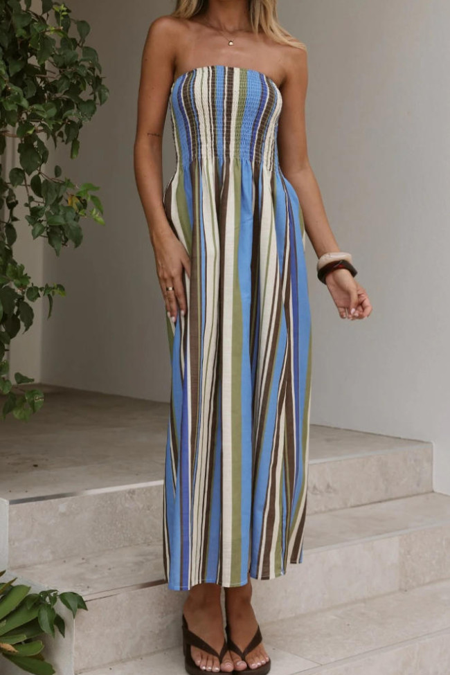 Striped Printed Strapless Backless Dress
