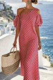 Striped Off Shoulder Short Sleeved Loose Dress