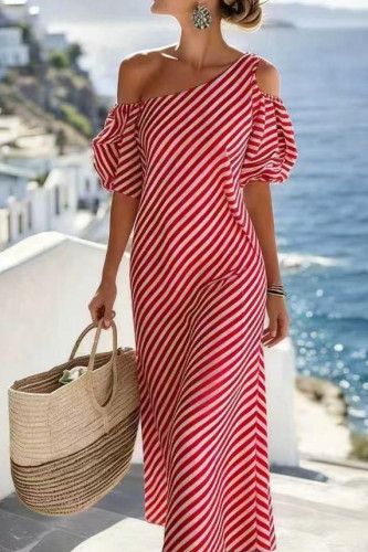 Striped Off Shoulder Short Sleeved Loose Dress