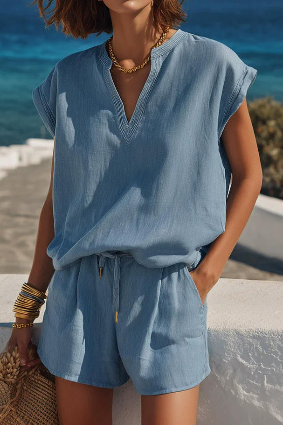 Large Size V-neck Shirt Shorts 2-piece Set