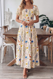 Floral Square Neck Waist Cinching Short Sleeved Dress