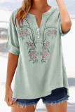 Retro Embroidered V-neck Seven Quarter Sleeved Shirt