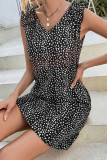 Polka Dot V-neck Ruffled Sleeveless Dress