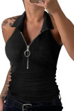 Solid Color Lapel Zipper Sleeveless Vest 